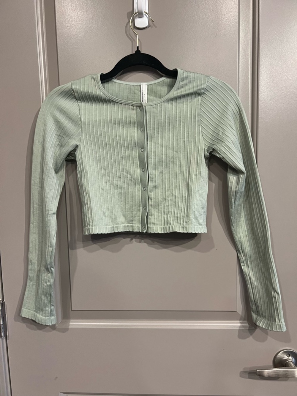 Anthropologie Pale Green Khaki Ribbed Snap Crop Top S/M